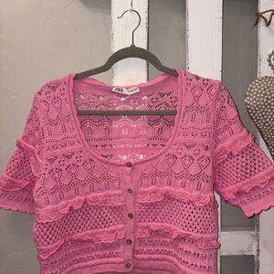 Zara Pink Crochet Lace Button-Front Top